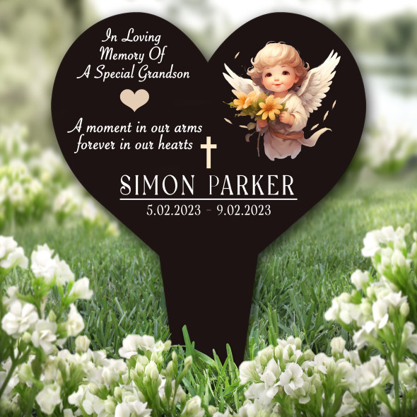 Heart Grandson Black Baby Angel Remembrance Garden Plaque Grave Memorial Stake