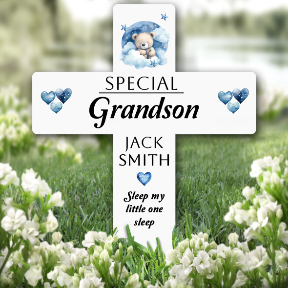 Cross Grandson Teddy Bear Remembrance Garden Plaque Grave Marker Memorial Stake