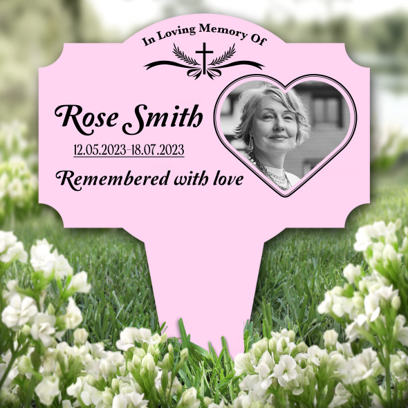 Pink Black Cross Heart Photo Remembrance Grave Garden Plaque Memorial Stake