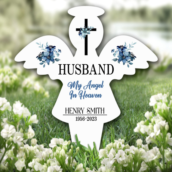 Angel Husband Blue Floral Remembrance Garden Plaque Grave Marker Memorial Stake