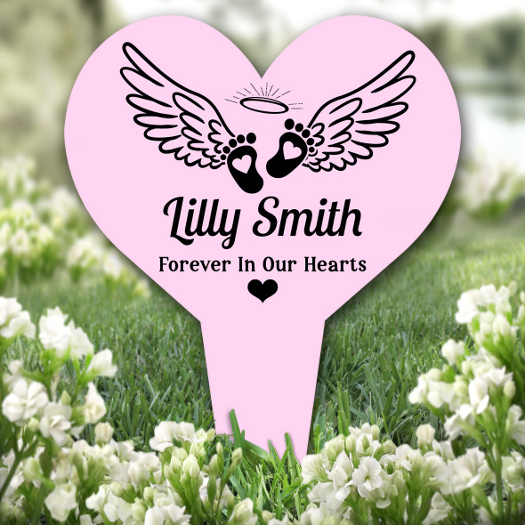 Heart Baby Feet With Wings Pink Remembrance Grave Garden Plaque Memorial Stake