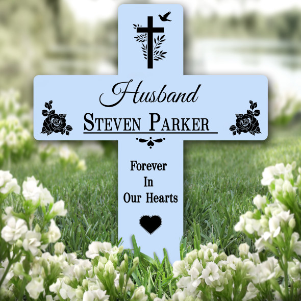 Cross Blue Husband Black Roses Remembrance Grave Garden Plaque Memorial Stake