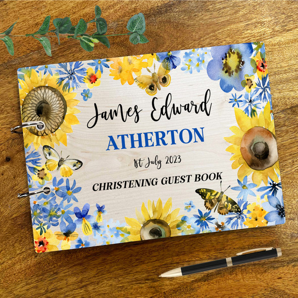 Wood Yellow Blue Sunflowers Butterflies Message Keepsake Christening Guest Book