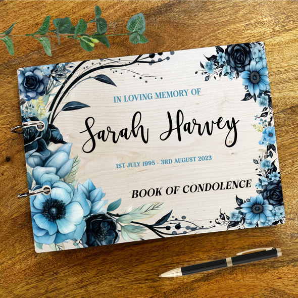 Blue & Black Flowers Sympathy In Loving Memory Funeral Condolence Guest Book