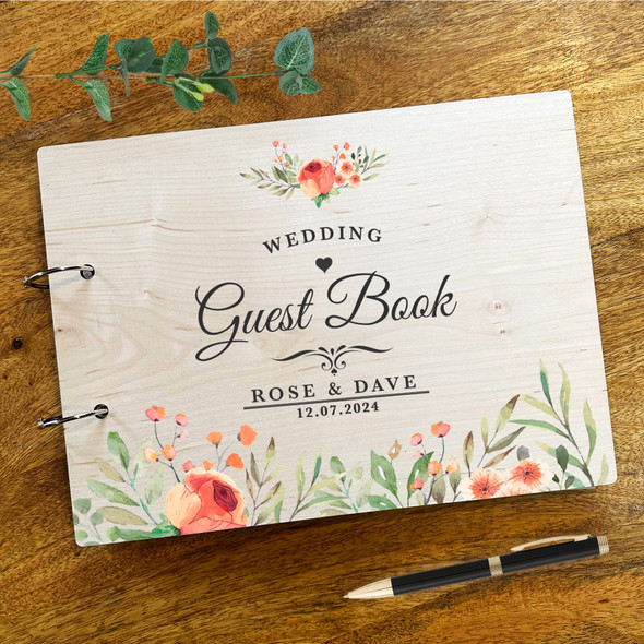 Wood Watercolour Orange Floral Message Notes Keepsake Wedding Guest Book