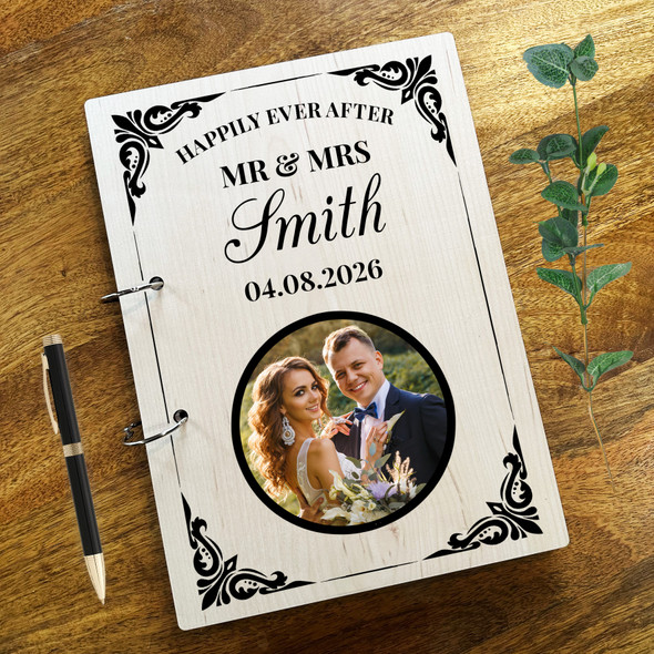 Wood Mr & Mrs Elegant Photo Message Notes Keepsake Wedding Guest Book