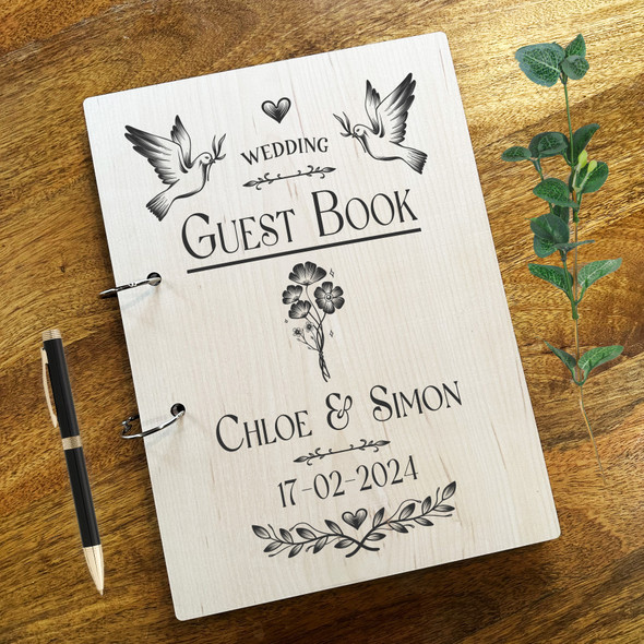Wood Vintage Floral Doves Message Notes Keepsake Wedding Guest Book