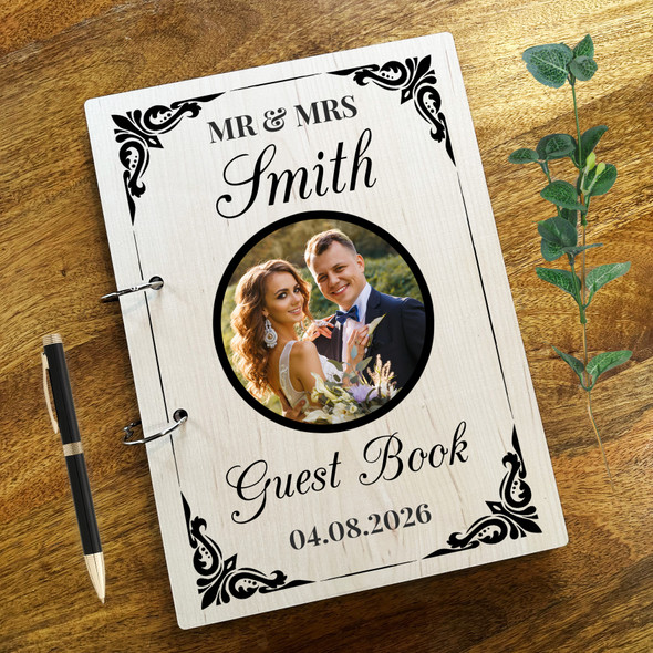 Wood Elegant Photo Black Message Notes Keepsake Wedding Guest Book