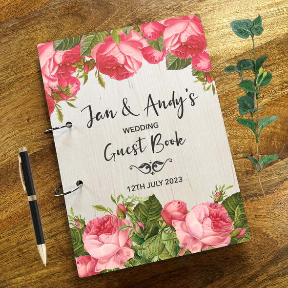 Wood Pink Vintage Roses Message Notes Keepsake Wedding Guest Book