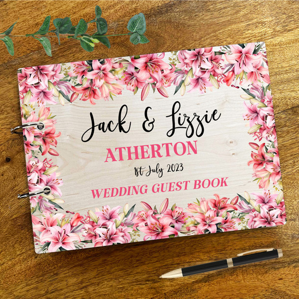 Wood Pink Lily Flower Message Notes Keepsake Wedding Guest Book