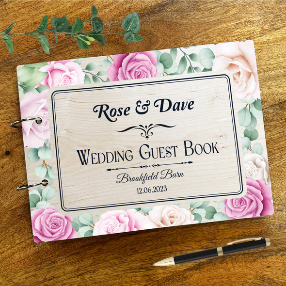 Wood Pink Roses Message Notes Keepsake Wedding Guest Book
