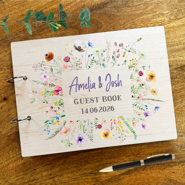 Wood Wildflower Message Notes Keepsake Wedding Guest Book