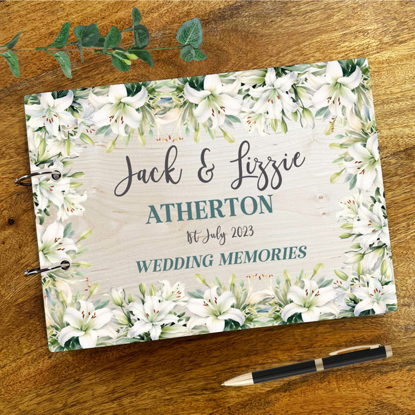Wood White Lily Floral Leaves Photo Album Wedding Day Memories Keepsake Book