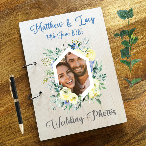 Wood Blue Flowers Photo Album Wedding Day Memories Keepsake Book