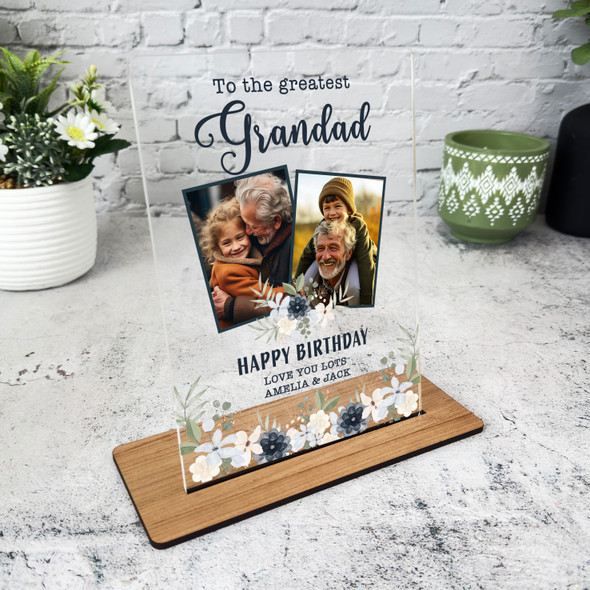 Grandfather Birthday Gift Navy White Floral Photo Personalised Acrylic Plaque