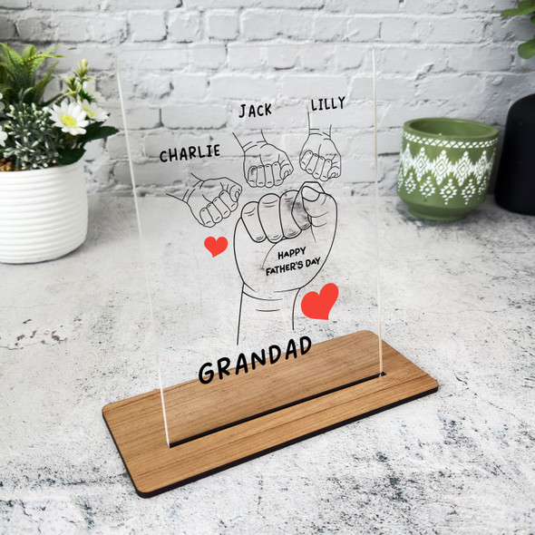 Grandfather Fathers Day Gift Fist 3 Hands Red Hearts Personalised Acrylic Plaque