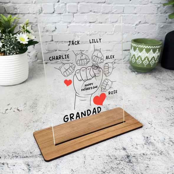 Grandfather Fathers Day Gift Fist 5 Hands Red Hearts Personalised Acrylic Plaque