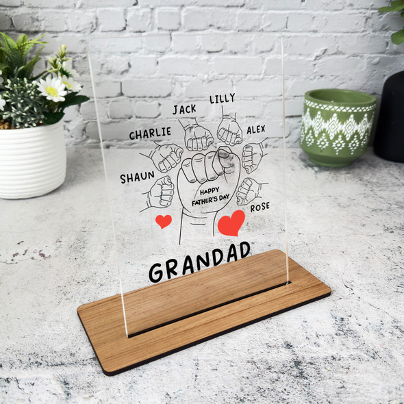 Grandfather Fathers Day Gift Fist 6 Hands Red Hearts Personalised Acrylic Plaque