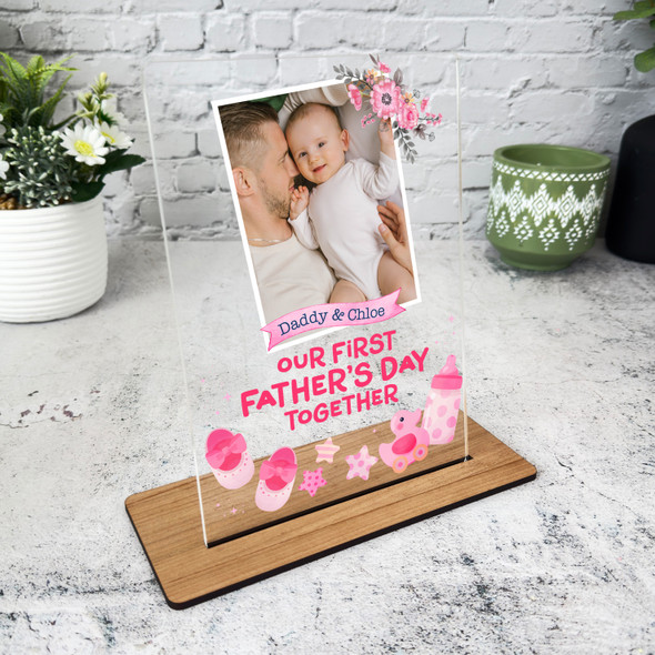 1st Fathers Day Gift Watercolour Baby Pink Elements Personalised Acrylic Plaque