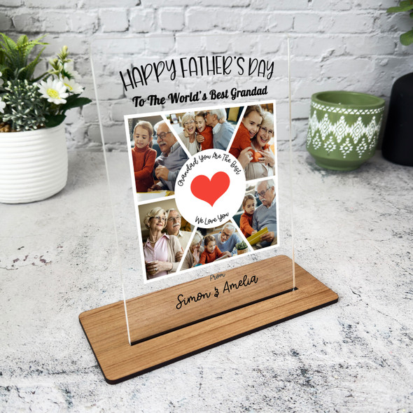 Grandfather Fathers Day Gift Red Heart Photo Grid Personalised Acrylic Plaque