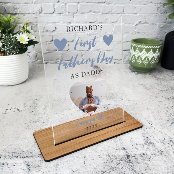 First Father's Day Gift Heart Photo Blue Personalised Acrylic Plaque