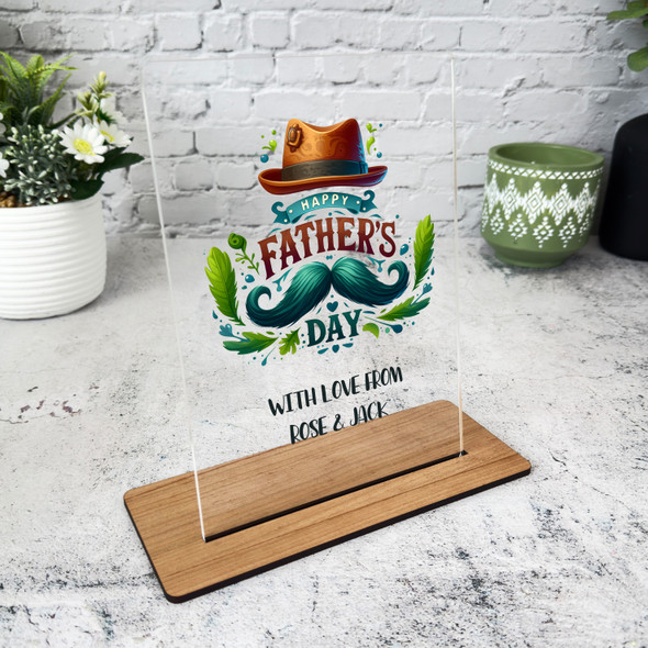 Fathers Day Gift Mustache Trilby Hat Personalised Acrylic Plaque