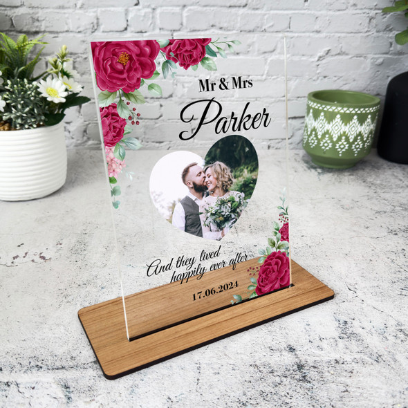 Burgundy Floral Heart Photo Wedding Day Gift Personalised Acrylic Plaque