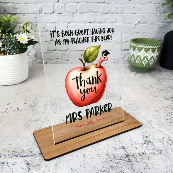 Thank You Teacher Gift Cute Worm In Apple Personalised Acrylic Plaque