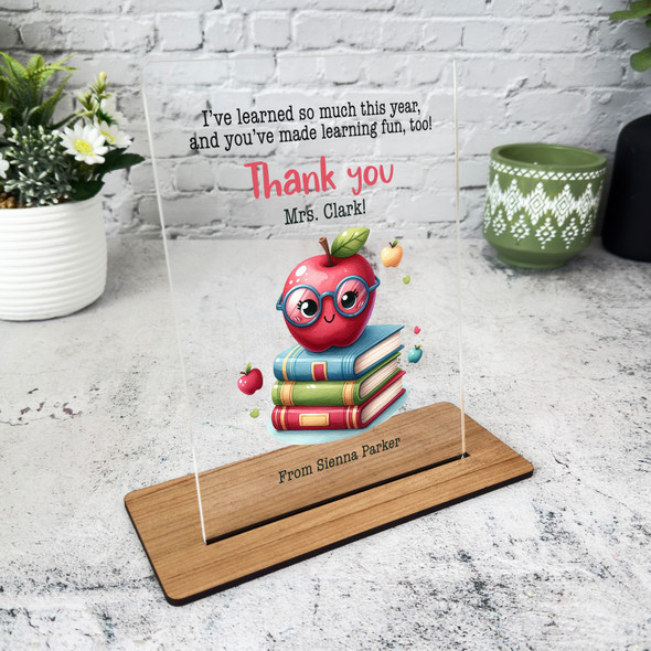 Thank You Teacher Gift Cute Apple Books Personalised Acrylic Plaque