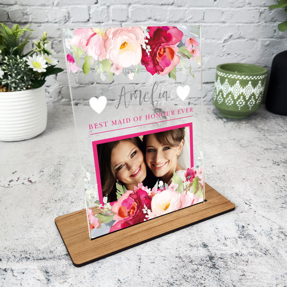 Best Maid Of Honour Gift Wedding Pink Flowers Photo Personalised Acrylic Plaque