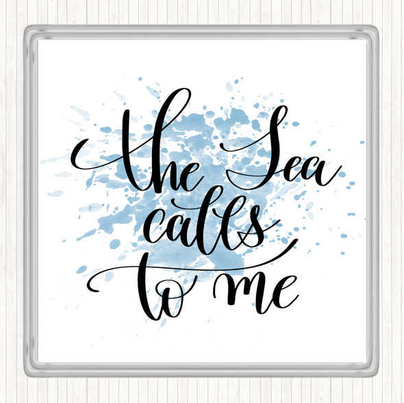 Blue White The Sea Calls To Me Inspirational Quote Coaster