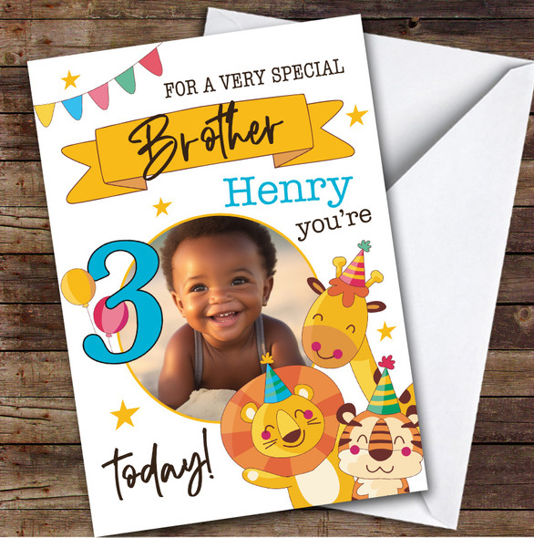 Brother 3rd Safari Party Animals Photo Boys Custom Personalised Birthday Card