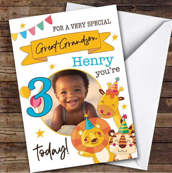 Great Grandson 3rd Safari Party Animals Photo Boys Personalised Birthday Card