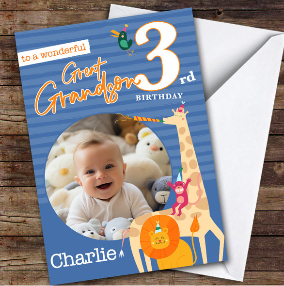 Great Grandson 3rd Blue Safari Animals Photo Boys Personalised Birthday Card