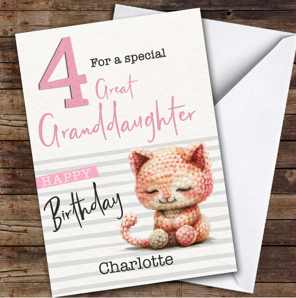 Great Granddaughter 4th Baby Cat Kitten Custom Personalised Birthday Card