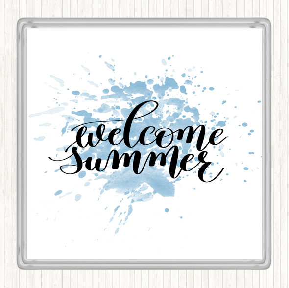 Blue White Welcome Summer Inspirational Quote Coaster