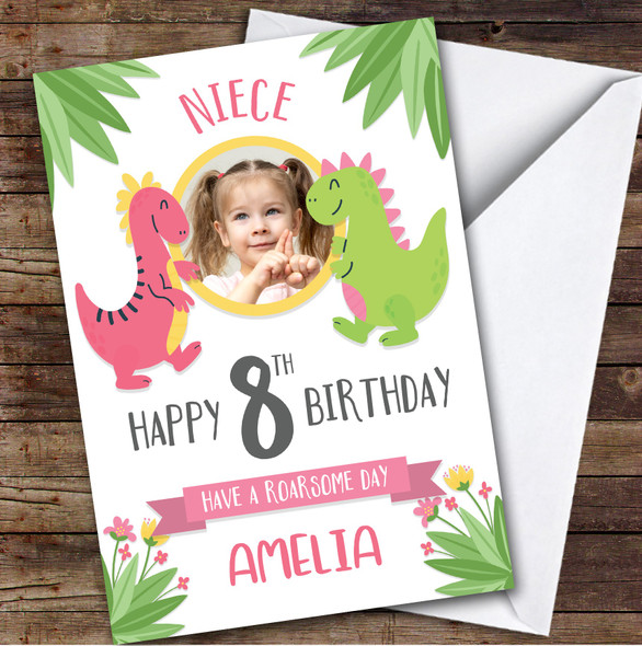 Dinosaur Pink Photo Niece 8th Custom Personalised Birthday Card