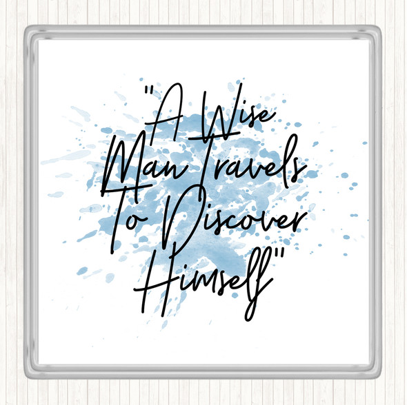 Blue White Wise Man Travels Inspirational Quote Coaster