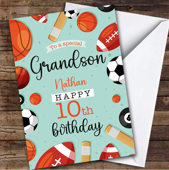 10th Grandson Sports Football Rugby Boys Personalised Birthday Card