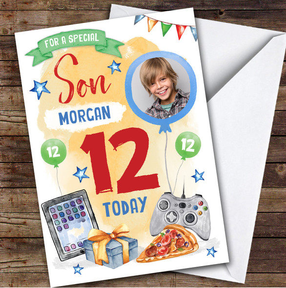 Boy's Gaming Online Tech Pizza Photo Son 12th Birthday Personalised Card