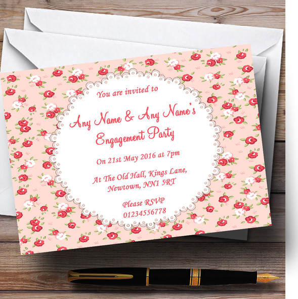 Red And Coral Pink Floral Shabby Chic Chintz Customised Engagement Party Invitations