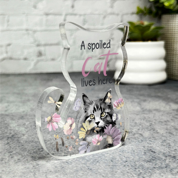 Black A Spoiled Lives Here Flower Gift For Cat Lover Plaque Keepsake Gift