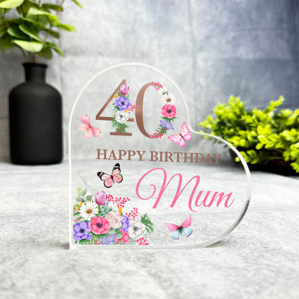 Mum 40th Pink Purple Floral Happy Birthday Present Heart Plaque Keepsake Gift