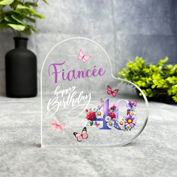 FiancÃ©e 40th Birthday Present Purple Chamomile Floral Heart Plaque Keepsake Gift