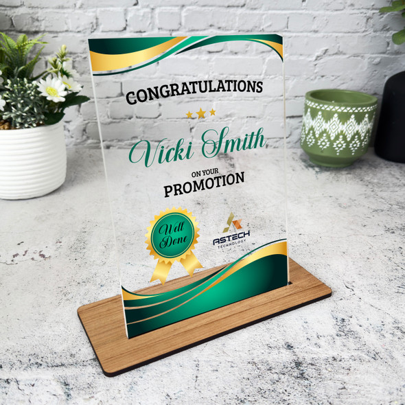 Work Promotion Congratulations Gold Green Gift Employee Personalised Gift Plaque