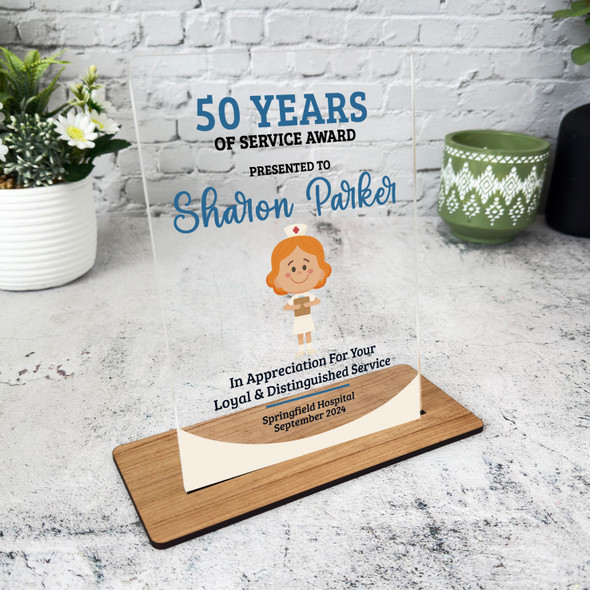 50 Years Of Service 50th Anniversary Ginger Hair Nurse Gift For Employee Plaque