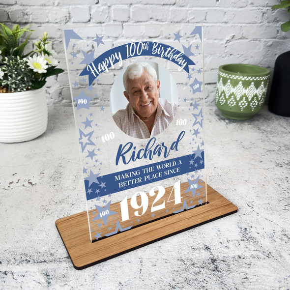 100th Birthday Gift Male Blue Star Photo Custom Personalised Gift Acrylic Plaque