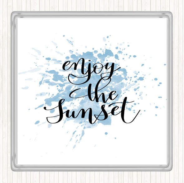 Blue White Enjoy The Sunset Inspirational Quote Coaster