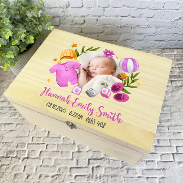 Photo Details Pink Floral New Baby Girl Personalised Wooden Memory Keepsake Box