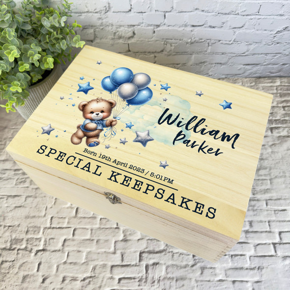 Blue Bear Stars Flying Teddy New Baby Boy Personalised Wooden Keepsake Box